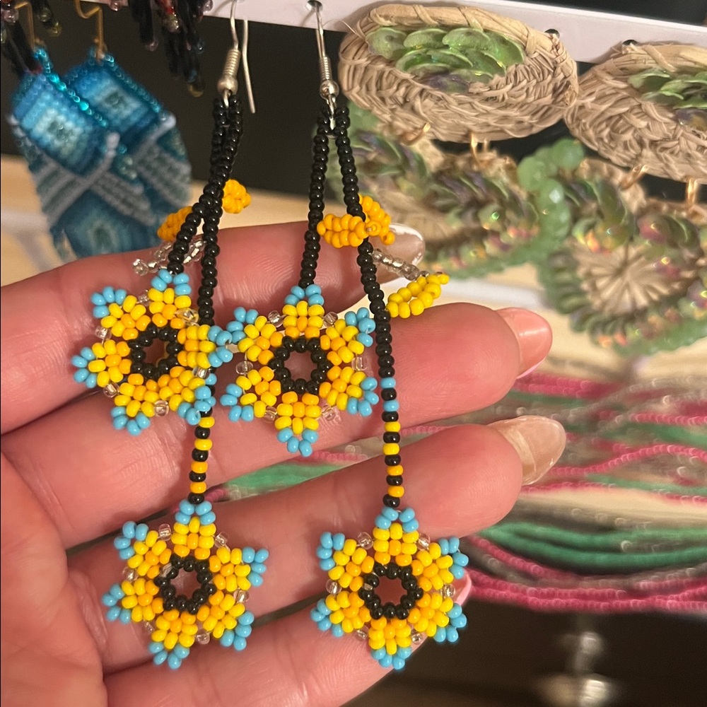 Beaded Floral Earrings in Yellow and Blue
